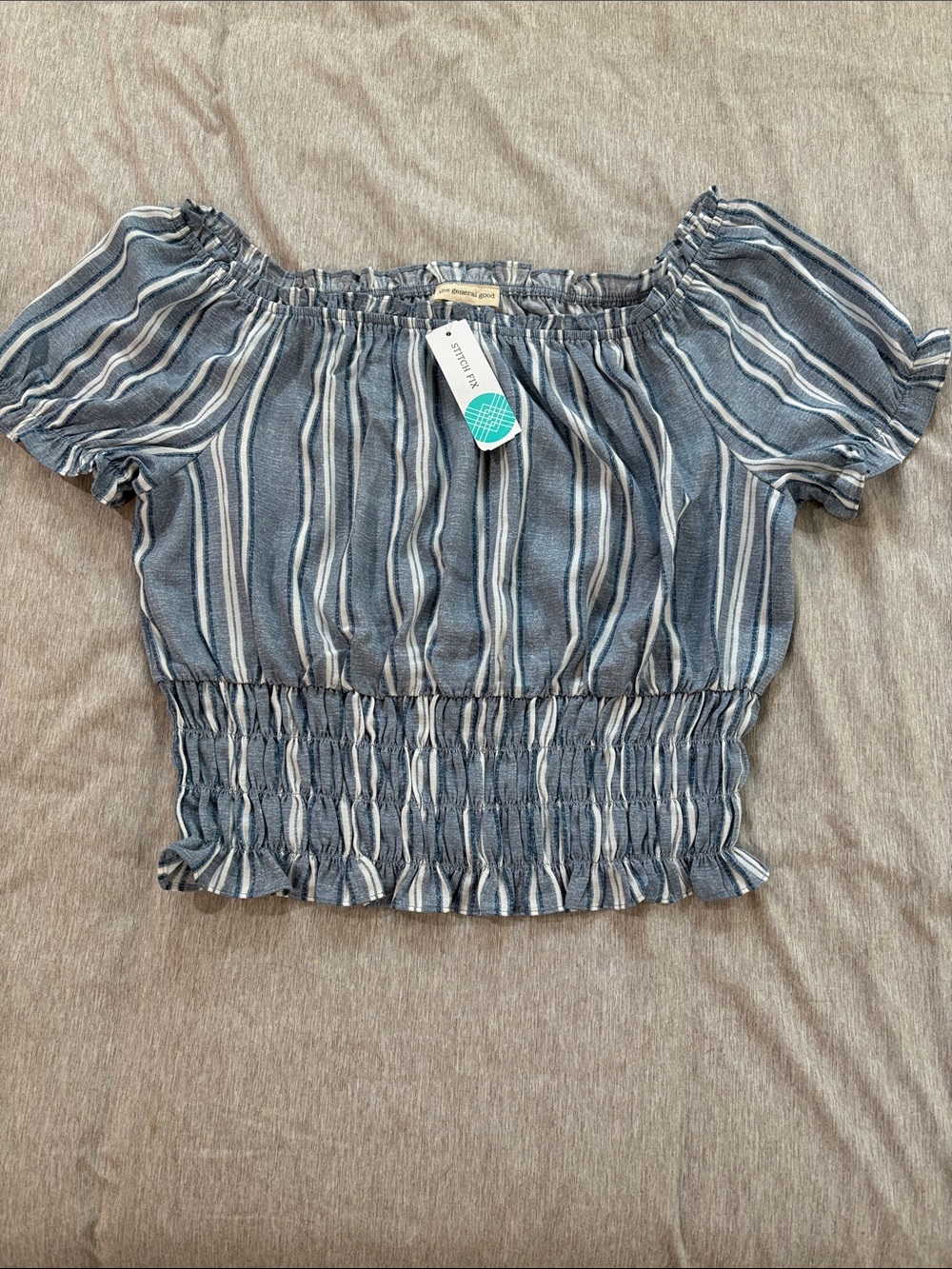 The General Good Blue Striped Off-Shoulder Smocked Crop Top